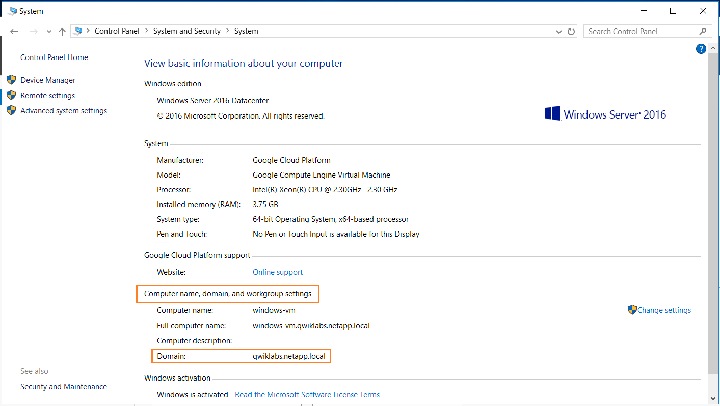 The Computer name, domain, and workgroup settings highlighted on the UI
