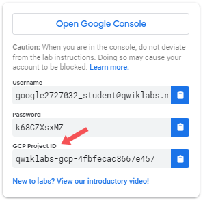 The Lab Details panel displaying the username, password, and GCP project ID