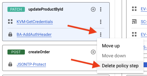 The Policy step actions button and Delete policy step highlighted