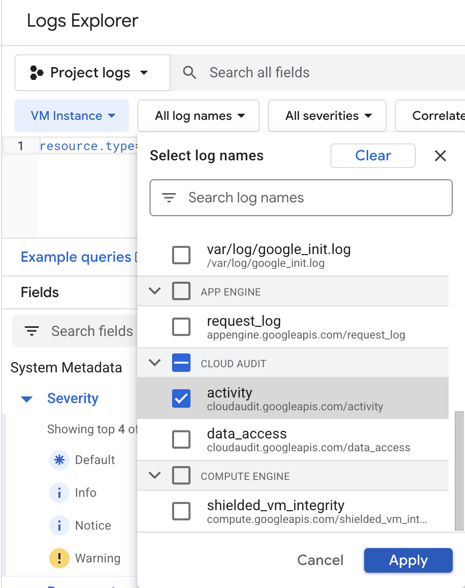 Log Name selector dropdown menu and Cloud Audit > activity highlighted