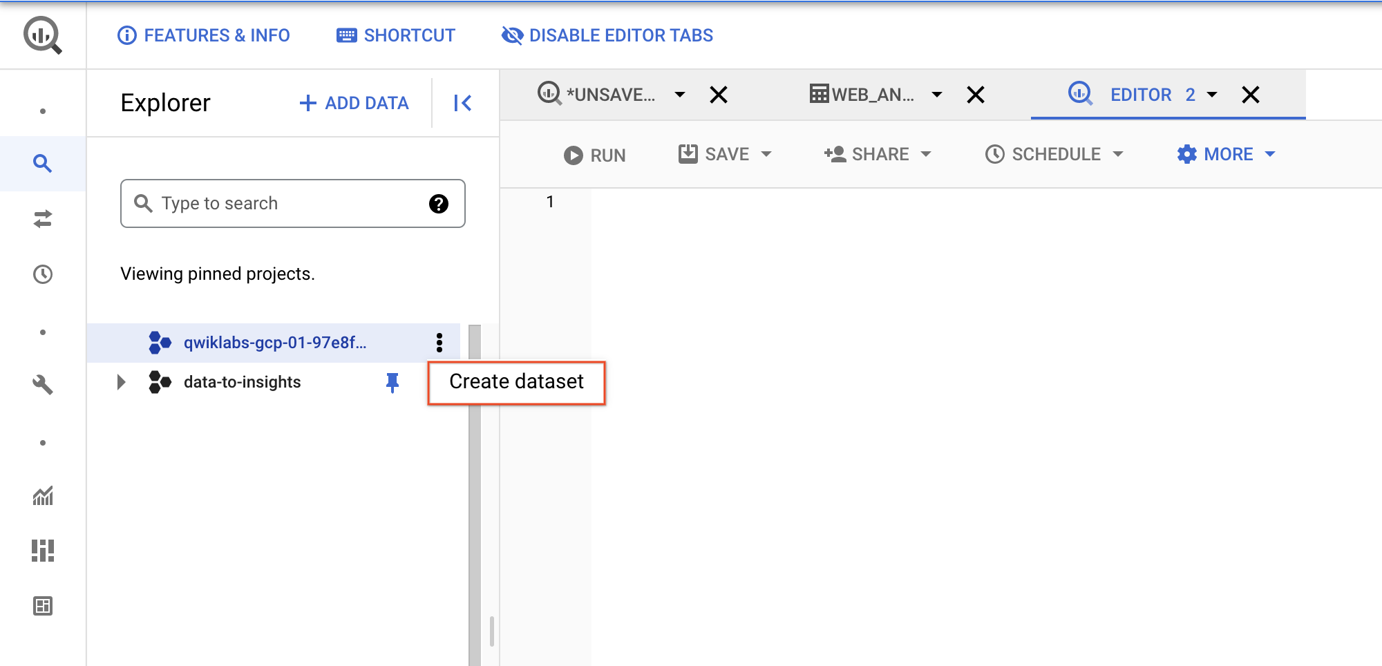 The highlighted Create dataset option