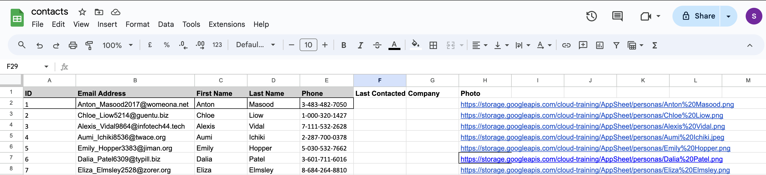 The contacts sheet