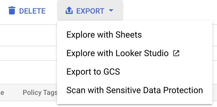 The Export drop-down menu, which includes options such as Scan with Sensitive Data Protection, and Export GCS.
