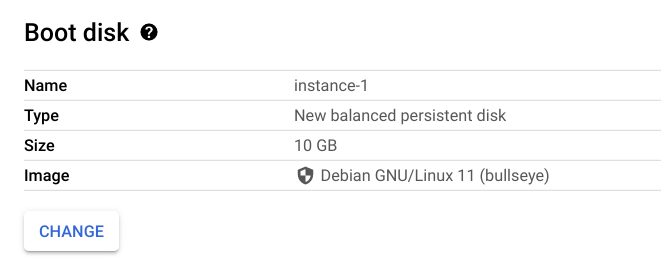 The Boot disk section displaying the name, type, size, and image, as well as the Change button