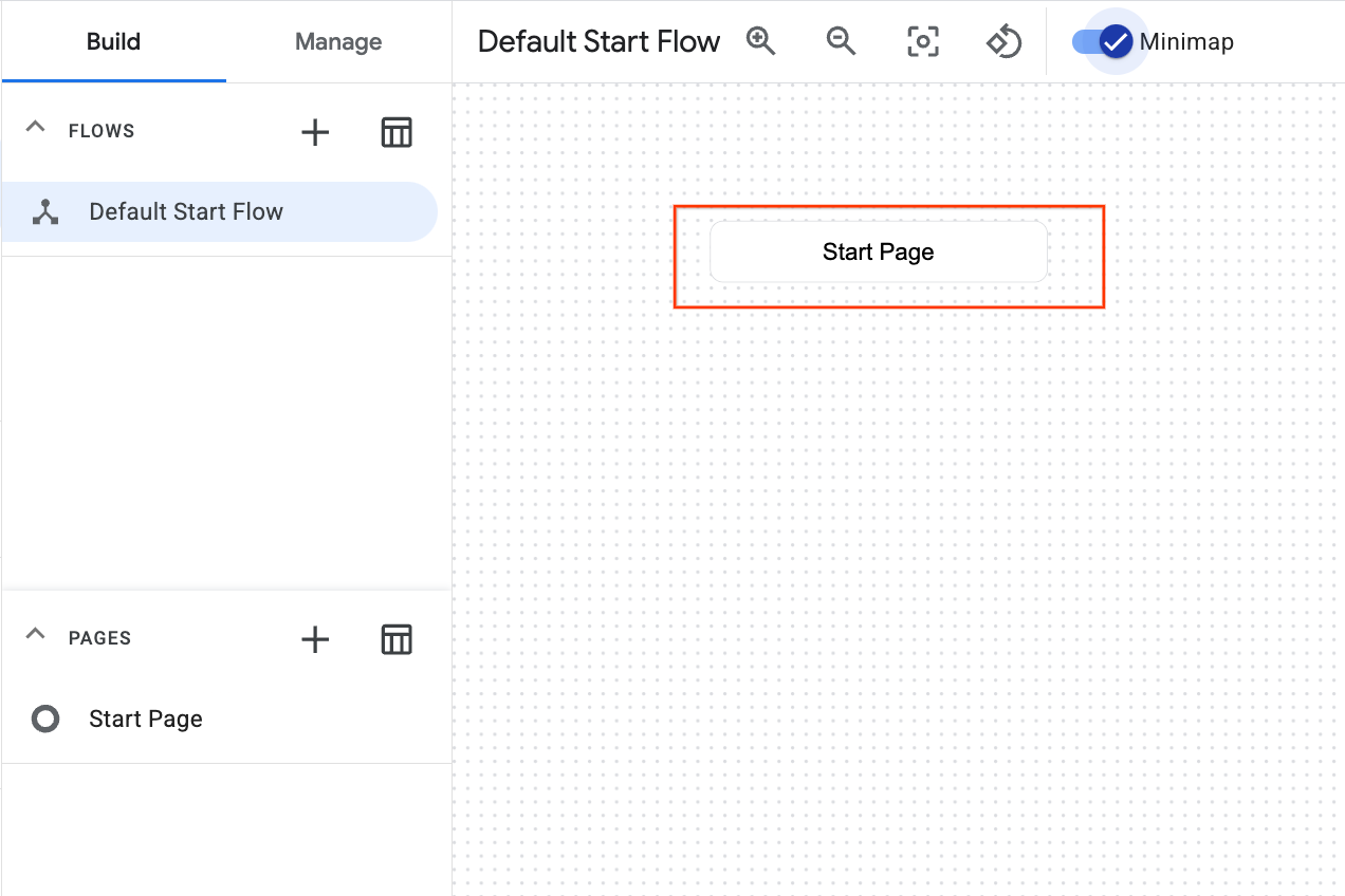Default Start Flow page with Build and Start button highlighted