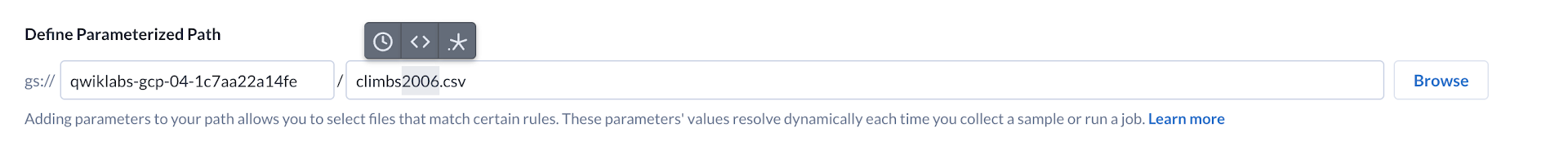 Parameterized path: gs://trifacta-user-area/luotest/rainier/climbs2006.csv