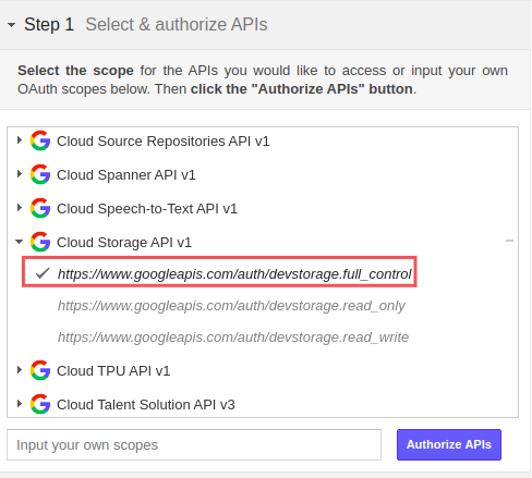 Step 1: Select & authorize APIs page