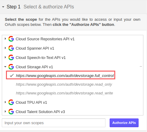 Paso 1: Página de selección y autorización de APIs