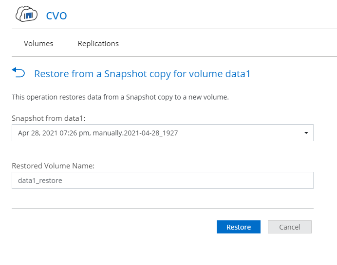 Restore from Snapshot copy for volume data1 page