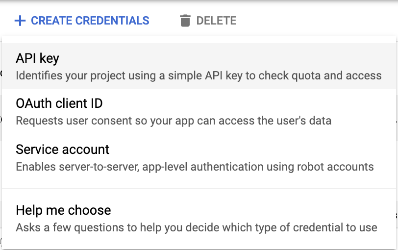 Create Credentials page displaying API key option