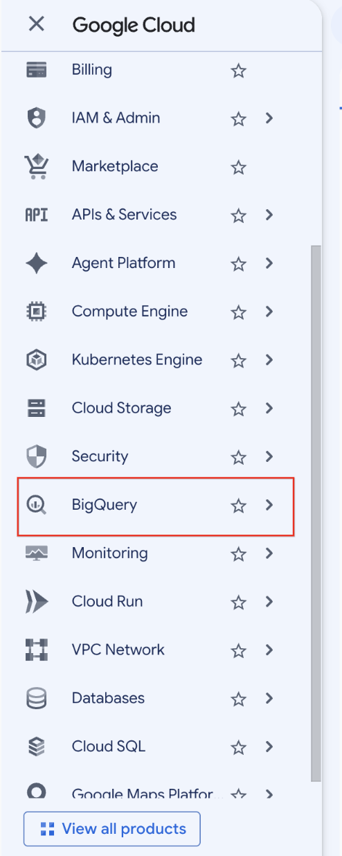 BigQuery menu option selected
