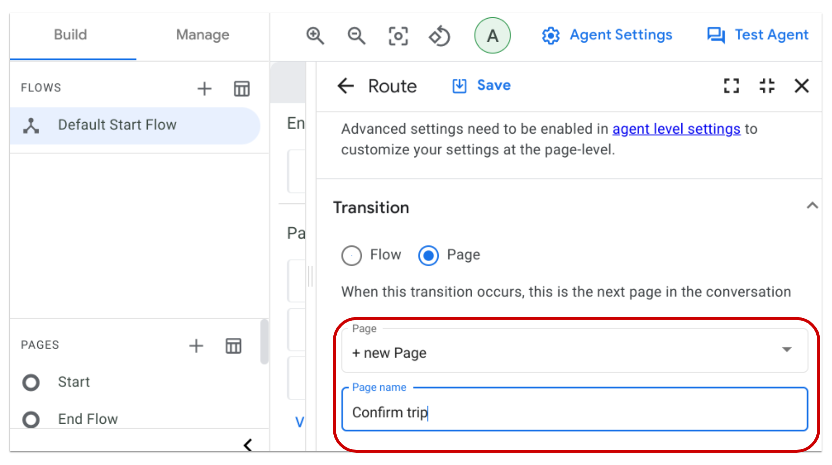 Transition section with populated Page name field highlighted