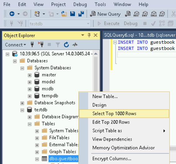 Select top 1,000 rows menu selection