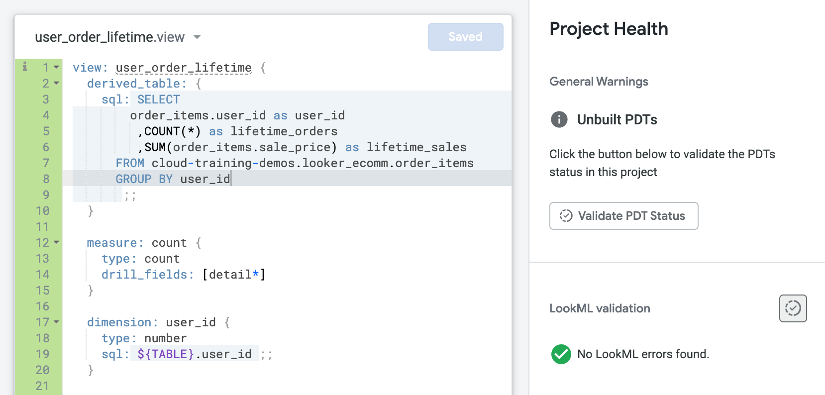 Lines 1 to 21 of the user_order_lifetime.view file and the Project Health pane displayed on the right