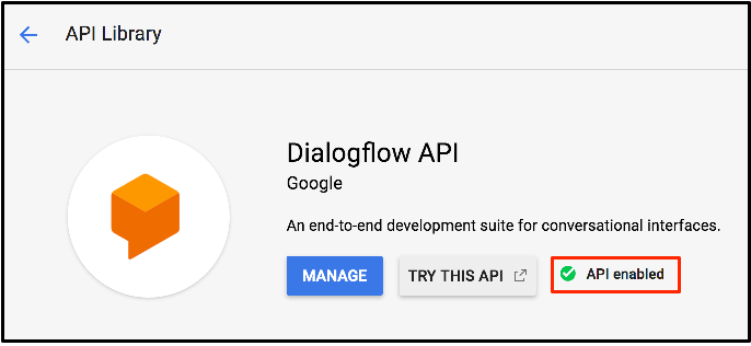 Dialogflow tile with API enabled highlighted