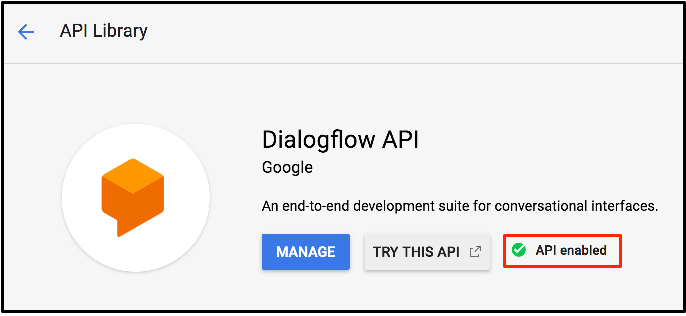 Mosaico de Dialogflow en el que se destaca la API habilitada