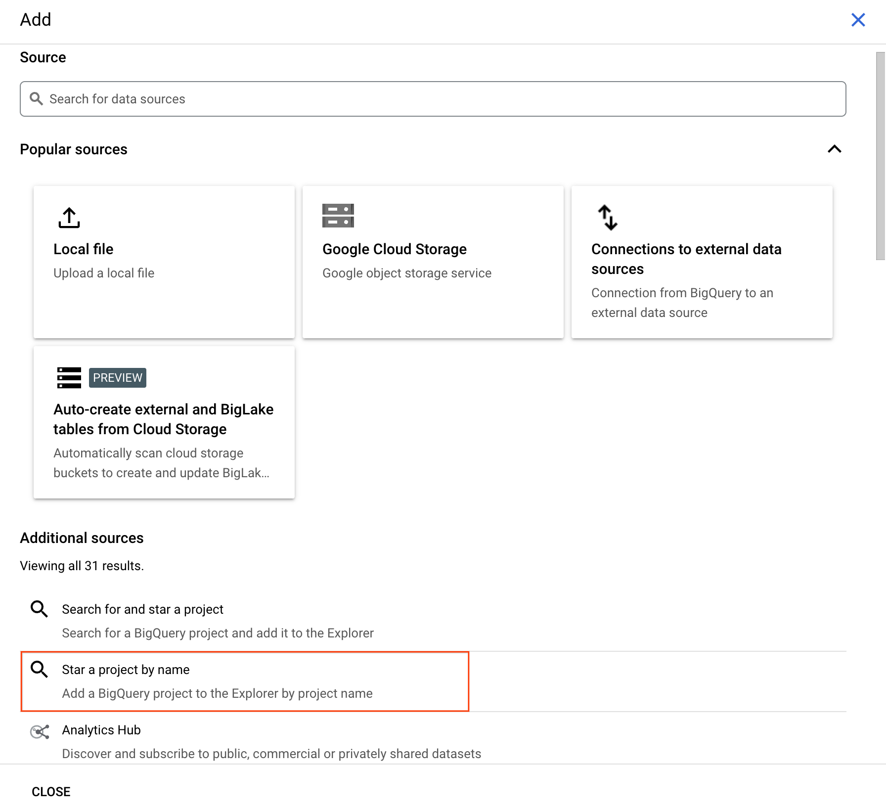 Expanded Add data menu with expanded Pin a project option highlighted and Enter project name submenu option highlighted