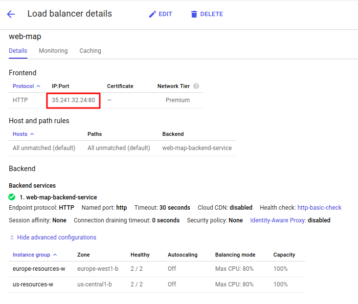 The Load balance details page displaying the highlighted IP Port