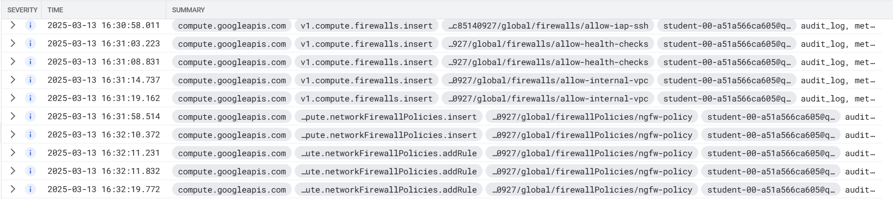 Logs Explorer page showing when the VPC network firewall rule changes over to the global firewall rule policy