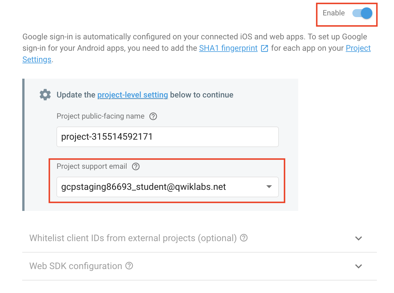 Enable toggle highlighted and Project support email dropdown menu
