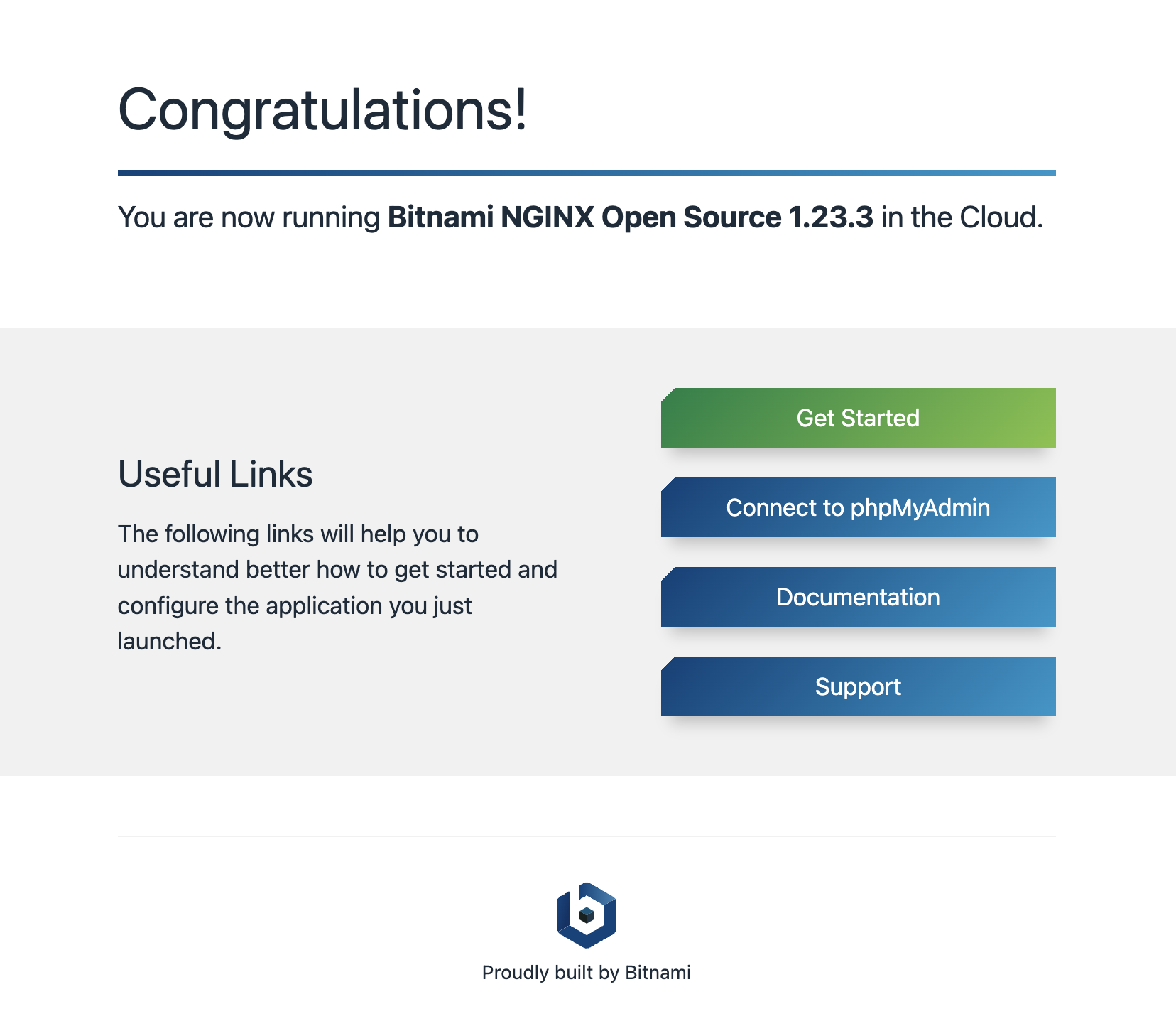 The Congratulations! pop-up, with the 'You are now running Bitnami Nginx 1.10.0-2 in the Cloud notification.