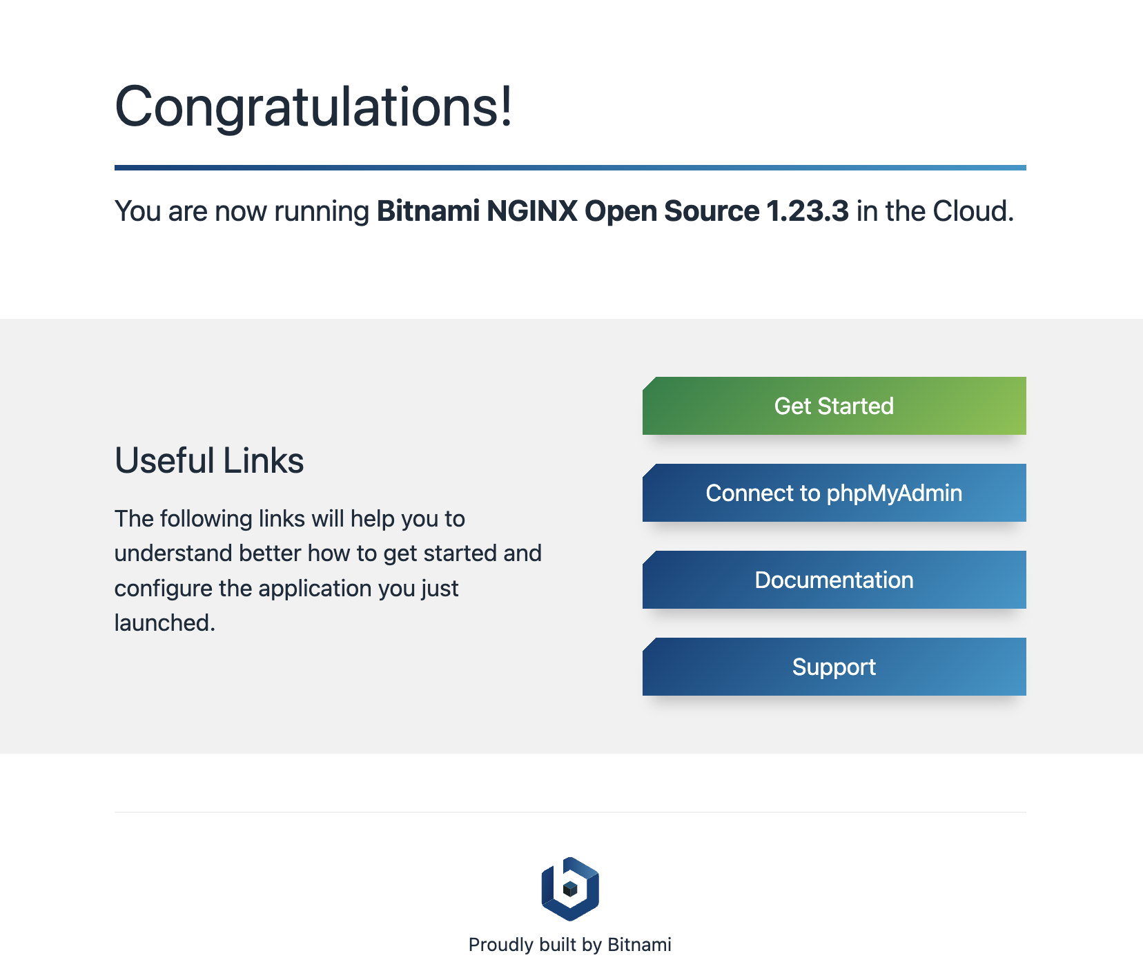 La ventana emergente “Congratulations!” con la notificación “You are now running Bitnami Nginx 1.10.0-2 in the Cloud”.