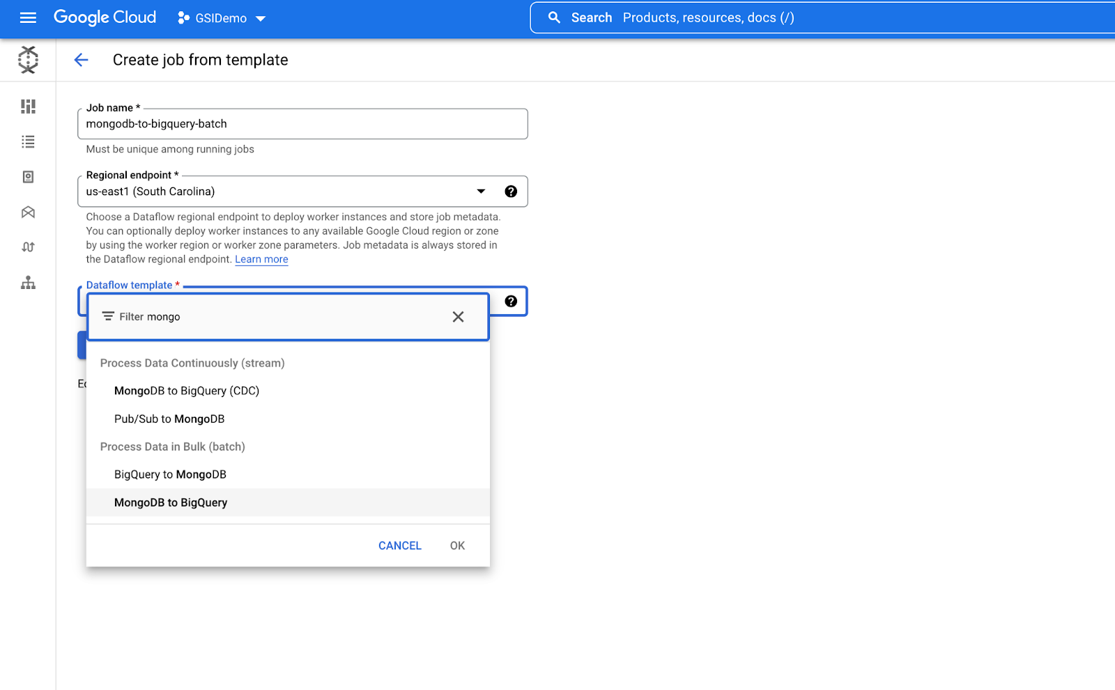 The dataflow template, which includes the aforementioned fields.