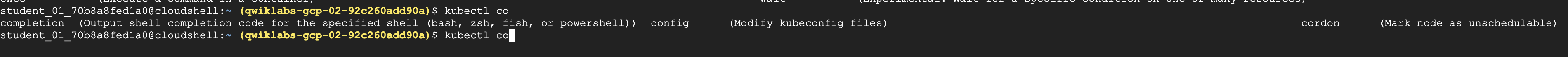 completion、convert、config、cordon など、「co」で始まる出力コマンドがすべて表示されている Cloud Shell