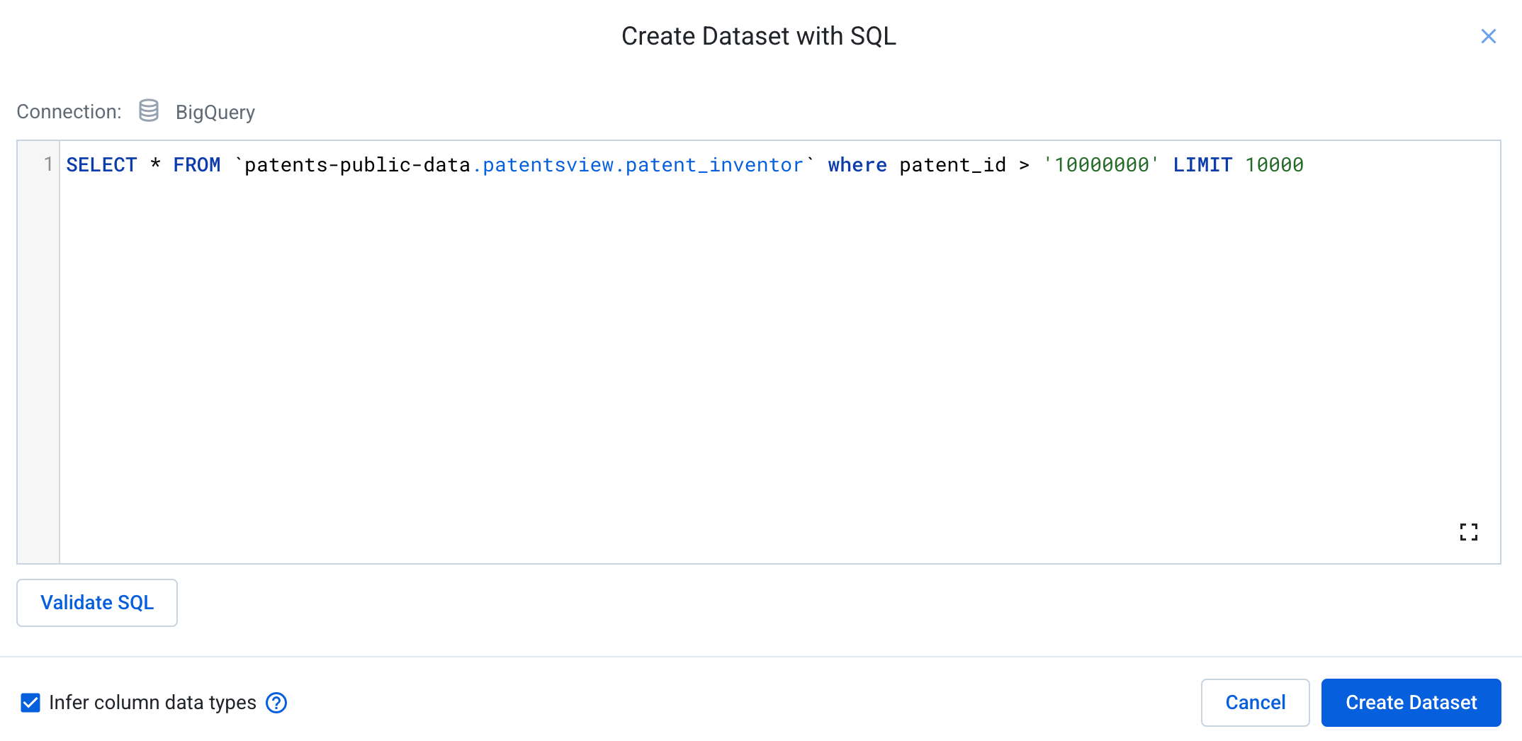 Create Dataset with SQL query dialog box displaying the updated limit of 10000