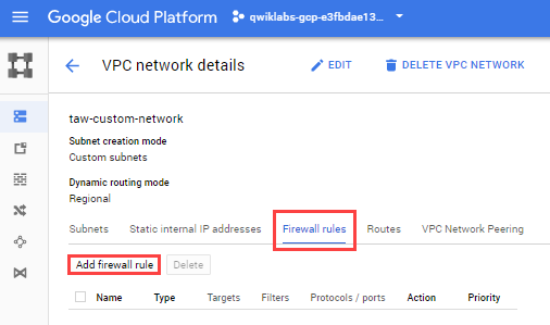 The Firewall Rules tab and the Add Firewall rule button highlighted on the VPC network details page
