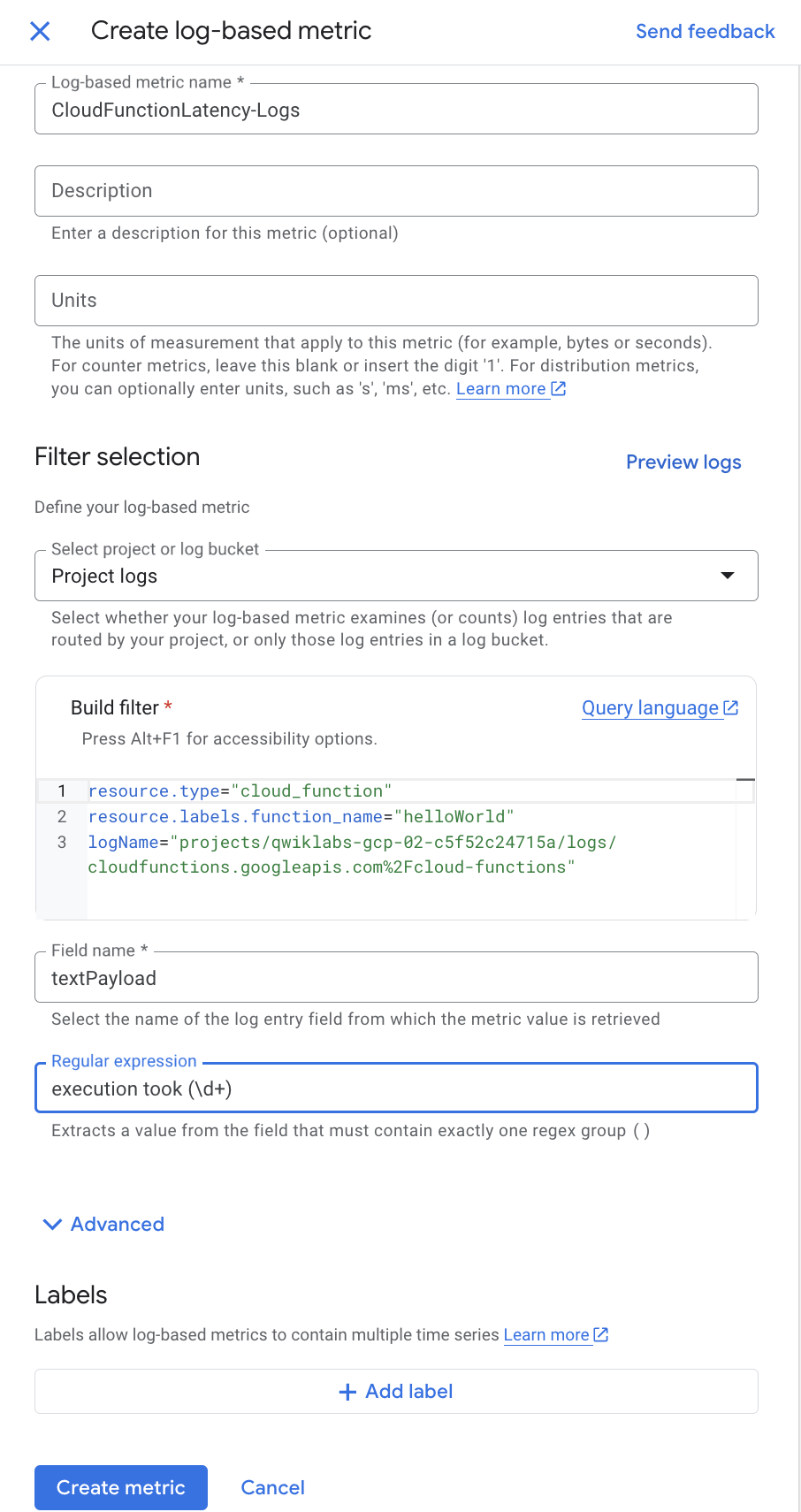 Create logs metric page