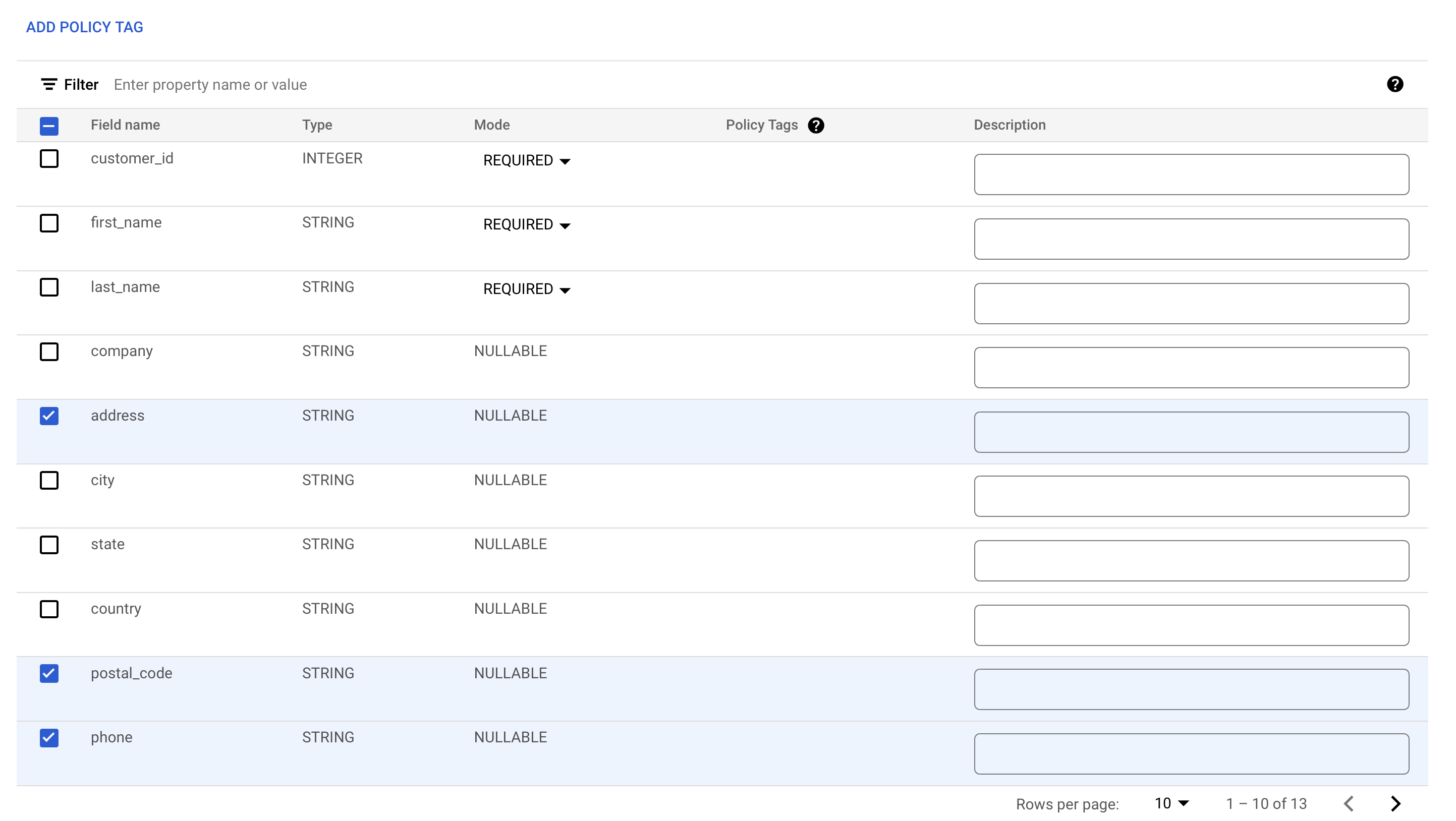 highlight schema columns