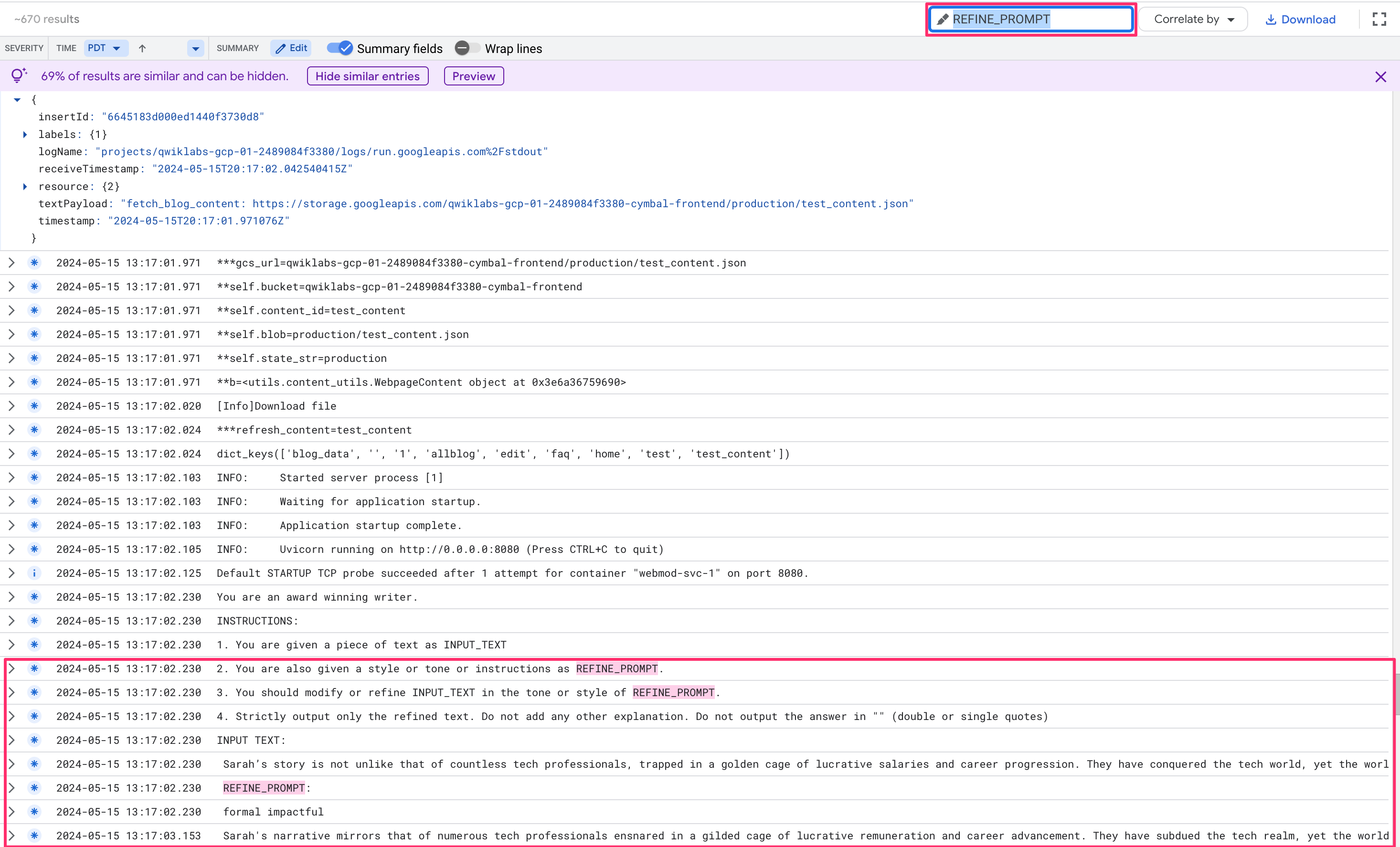 refine text log