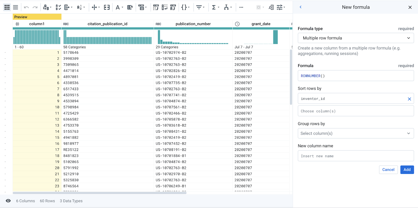 Publications table, New formula panel displaying populated formula fields