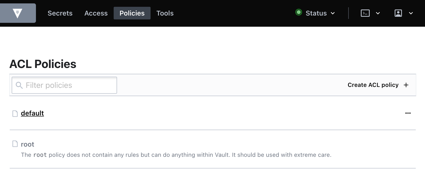 ACL Policies page, which lists the two ACL policies.