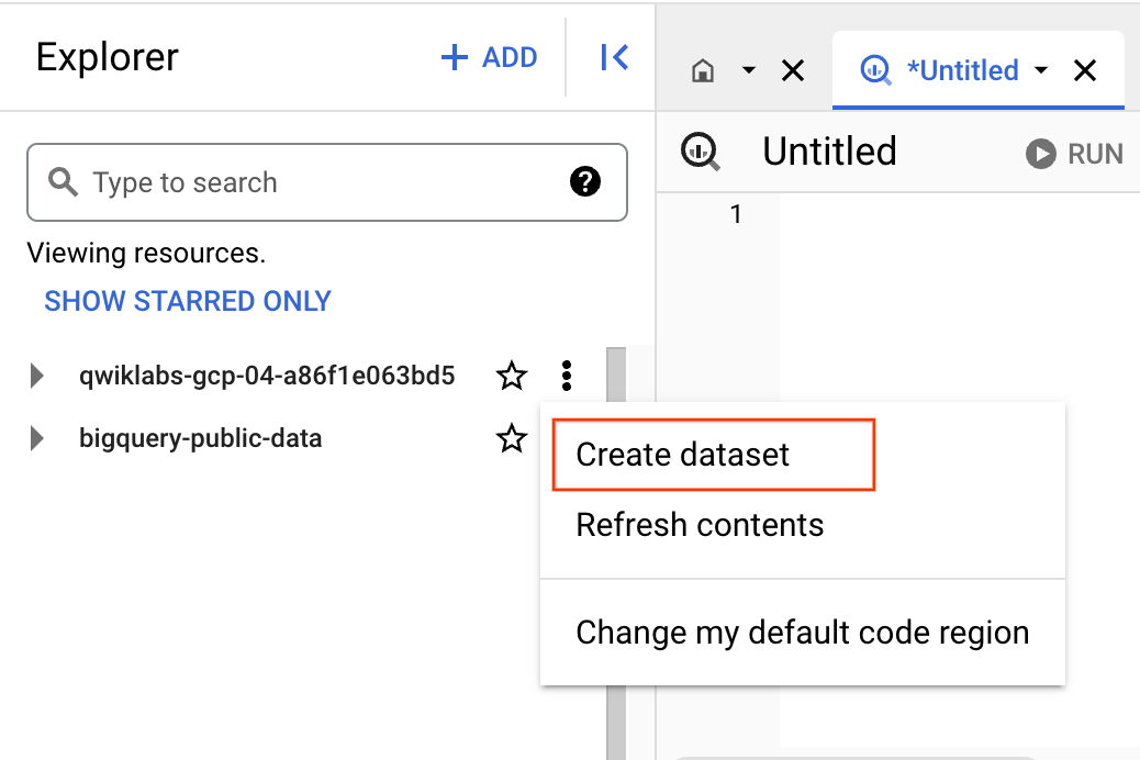Explorer tab displaying the create dataset menu option
