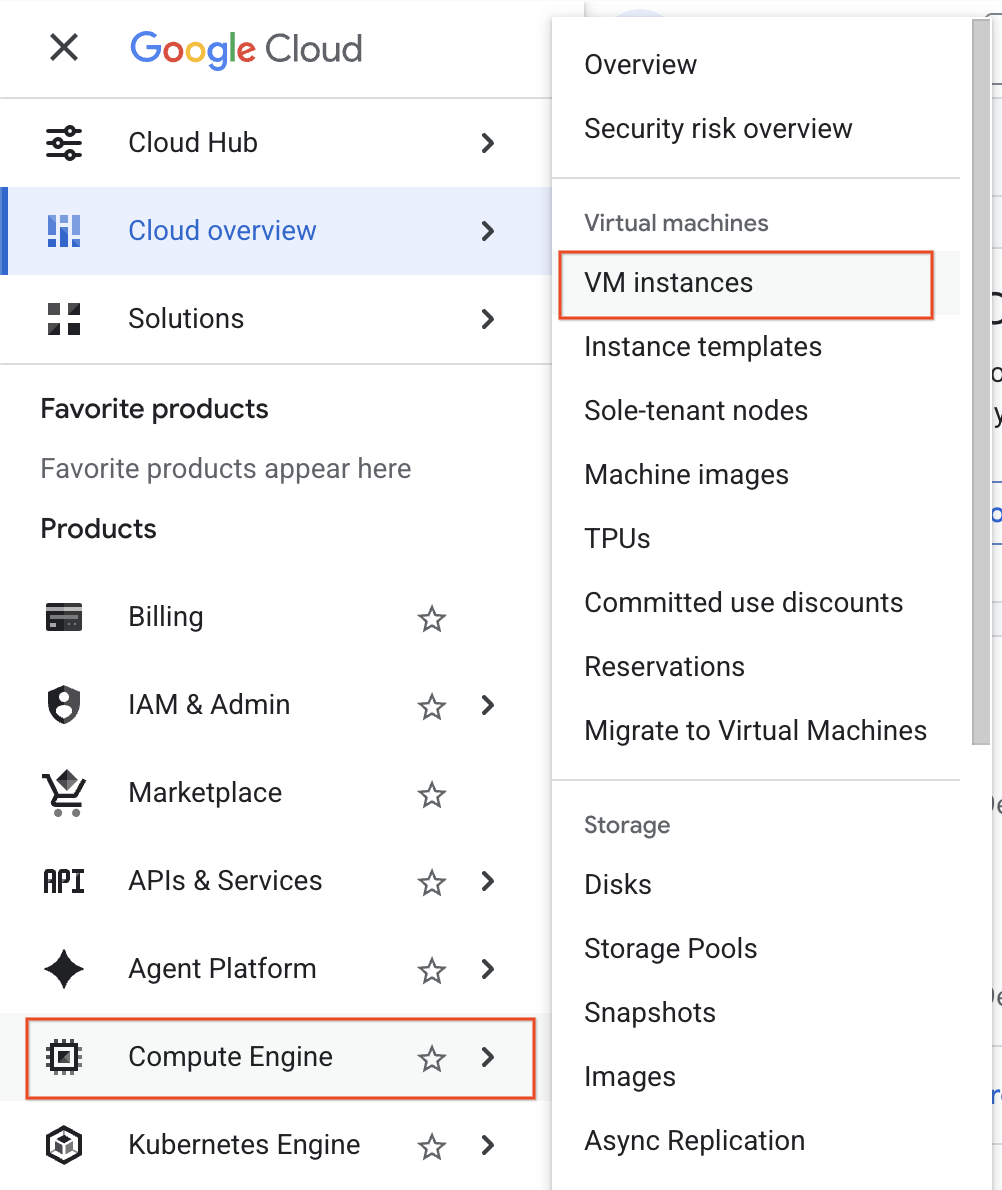 The navigation path to the option VM instances.