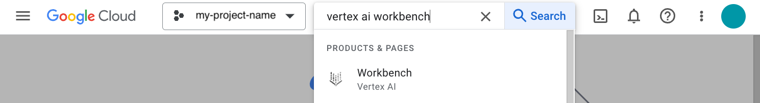Use search to locate Vertex AI workbench