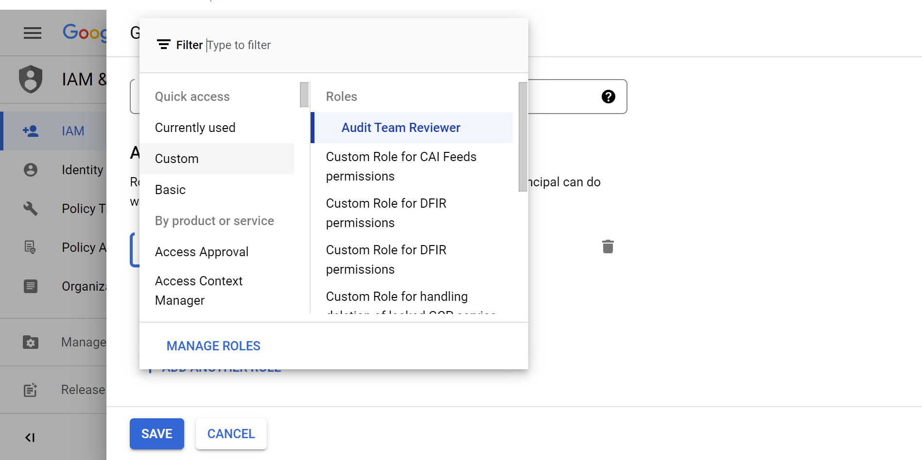The settings of a Google Cloud IAM grant access window displays the user being granted the Audit Team Reviewer role.