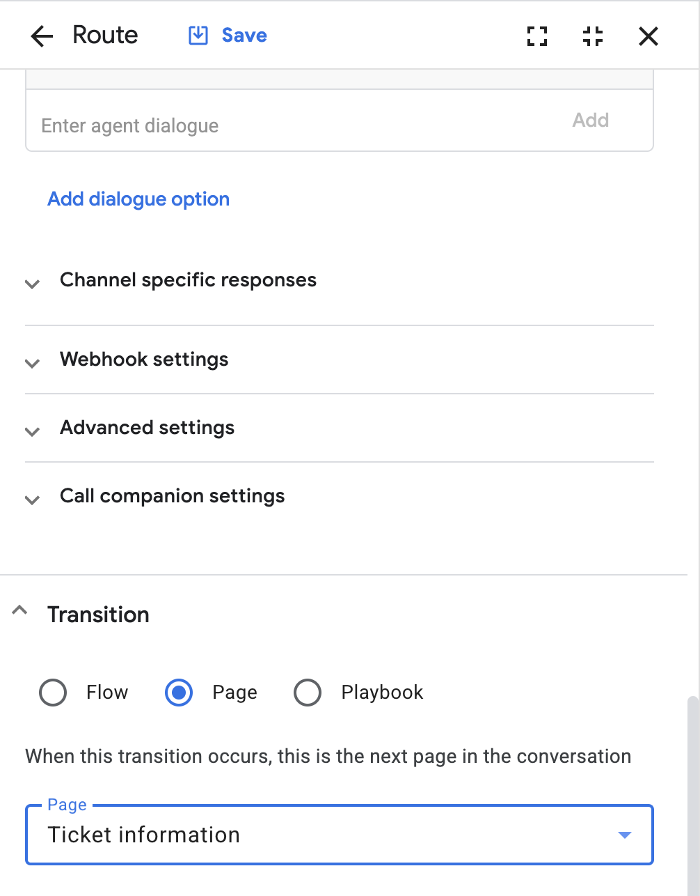 Transition section with Ticket information selected i the Page dropdown menu