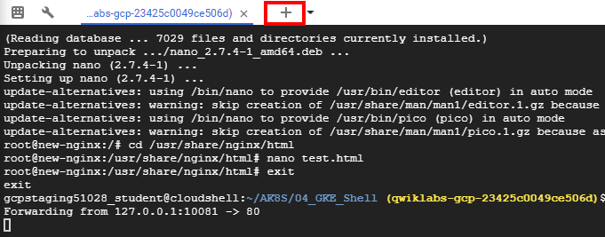 Ícono del signo más (+) destacado en la barra de menú de Cloud Shell