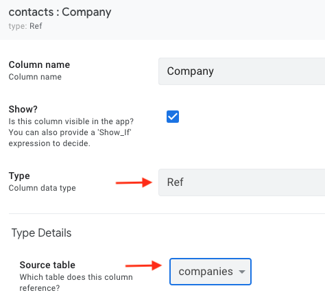 The column details form displaying the updated company column properties