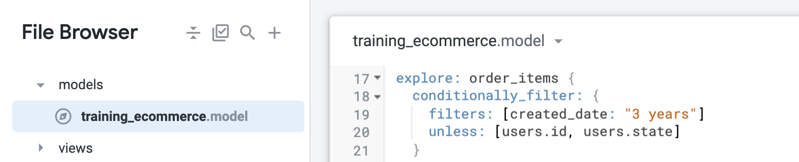 The filters used within the training_ecommerce model: 'filters: [created_date: "3 years"]' and 'unless: [users.id, users.state]'