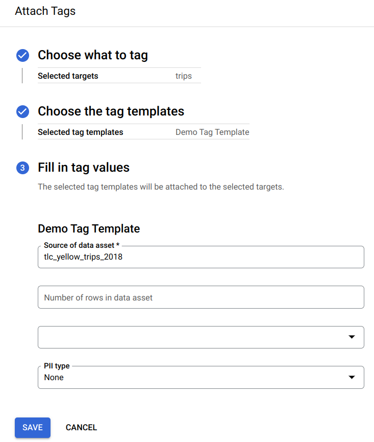The Attach Tags page, wherein the Source of data assets and PII type have been selected and filled within the Demo Tag Template.