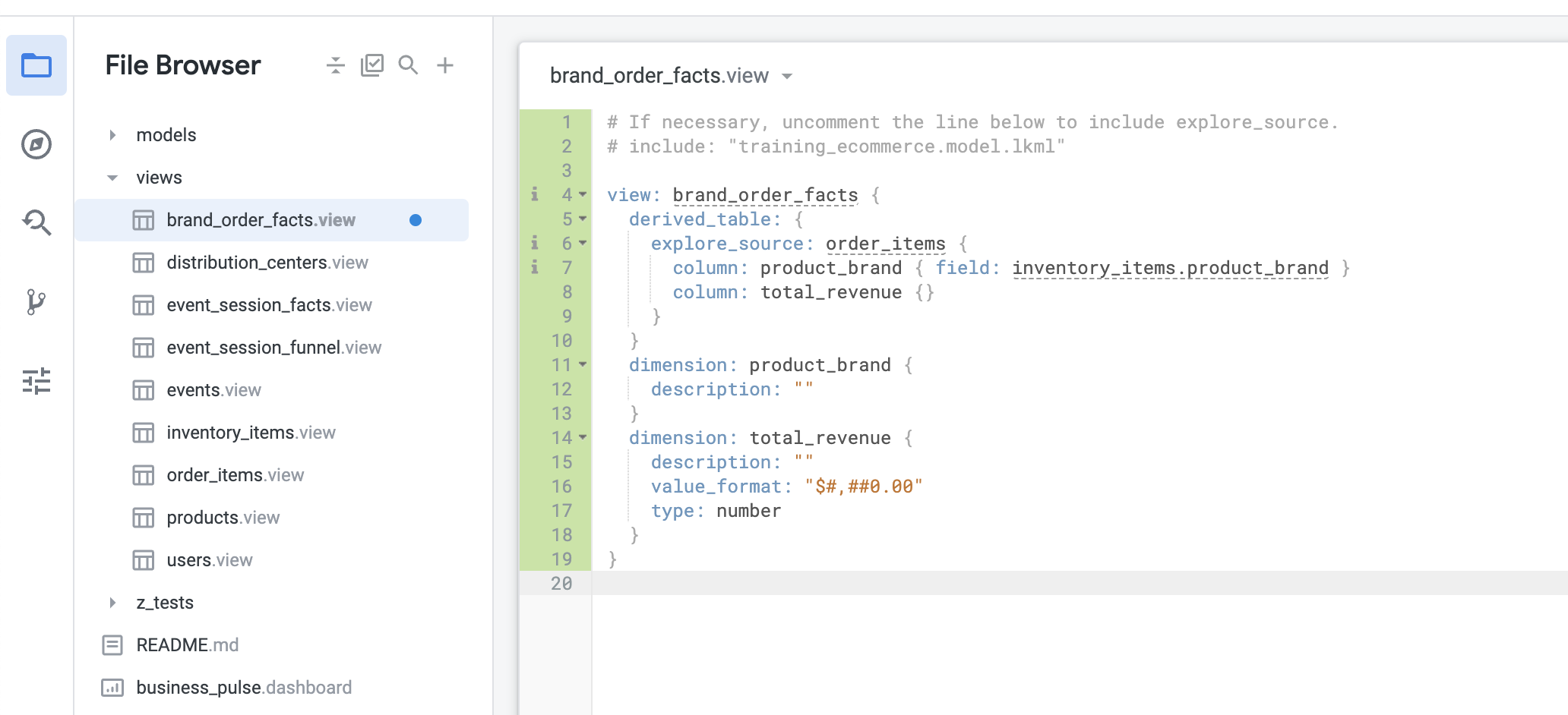 File browser page showing brand_order_facts.view code