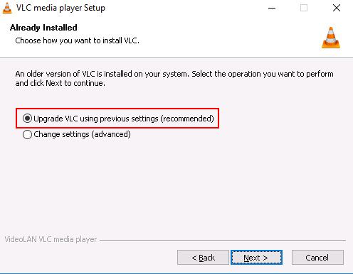 Screenshot of VLC media player Setup, with radio button option selected to "Upgrade VLC using previous settings (recommended).