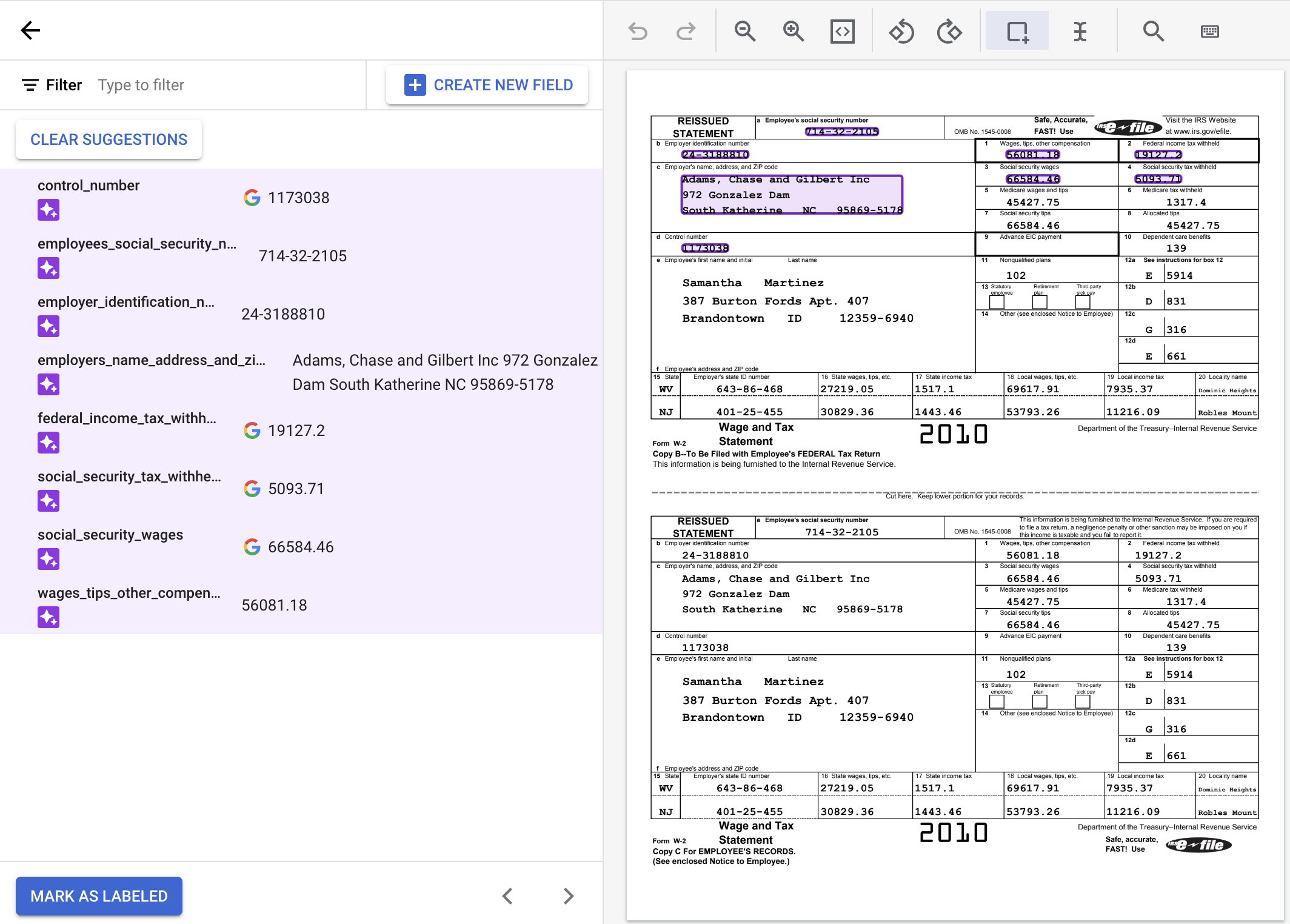 generated labels on the sample document