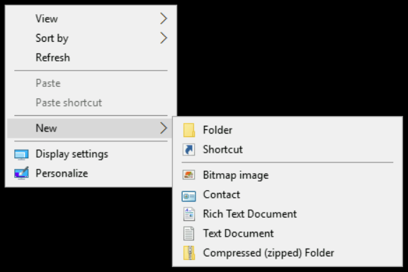 Screenshot of Windows right-click menu, in the "New" menu. Options to create New: "Folder", "Shortcut", "Bitmap image", "Contact", "Rich Text Document", "Text Document", and "Compressed (zipped) Folder"