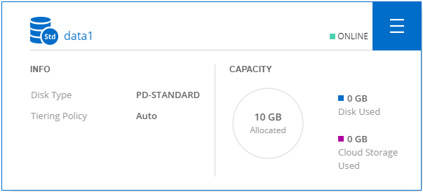 The data1 volume page displaying the selected navigation icon