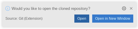 A pop-up displaying the question, 'Would you like to open the cloned repository?'